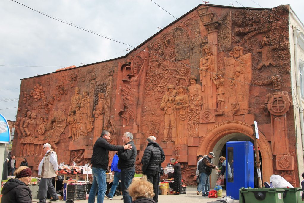 Red wall with reliefs